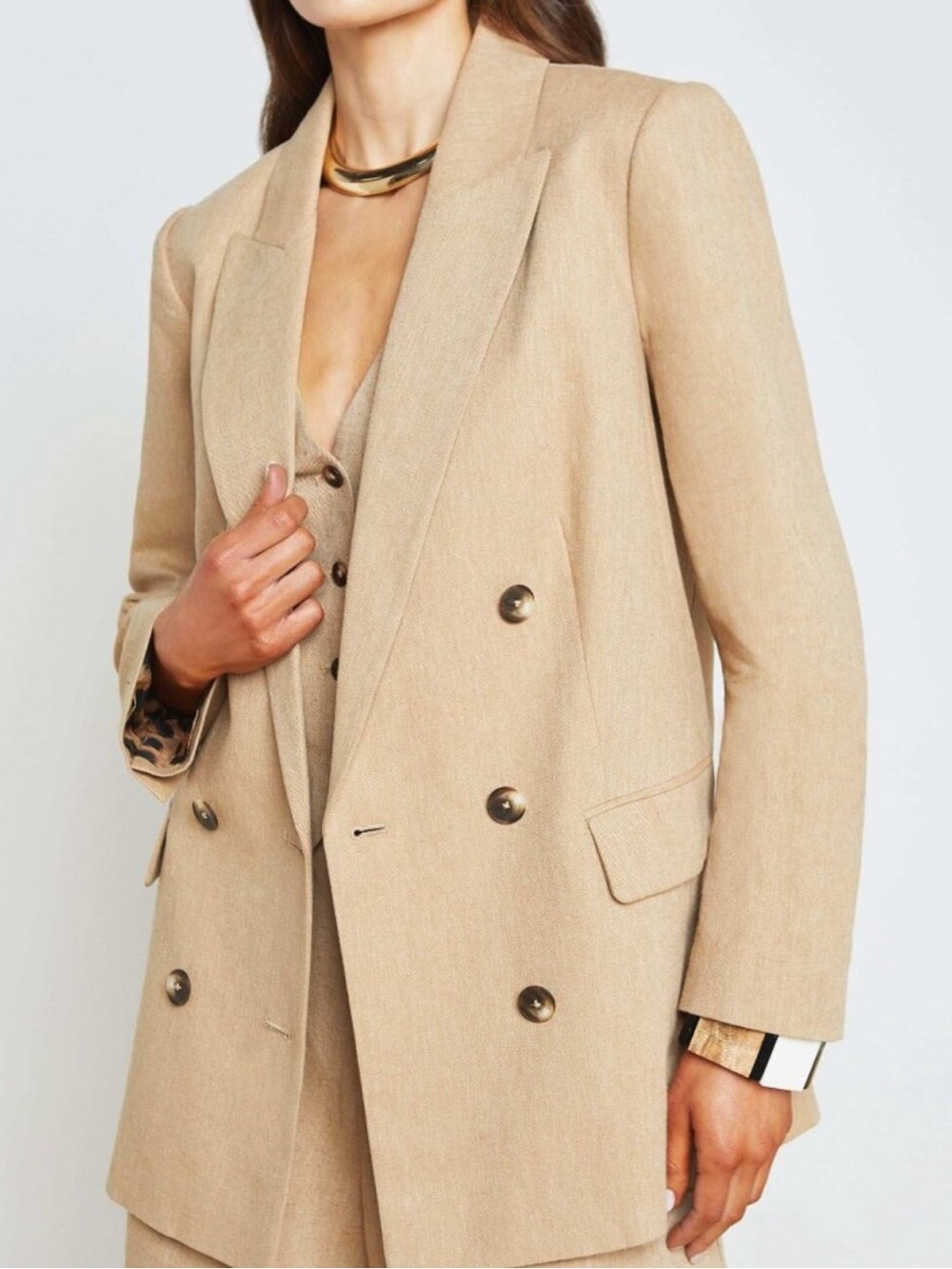 L'AGENCE 'Aimee' Double-Breasted Linen-Blend Blazer Sand/Sahara Leopard